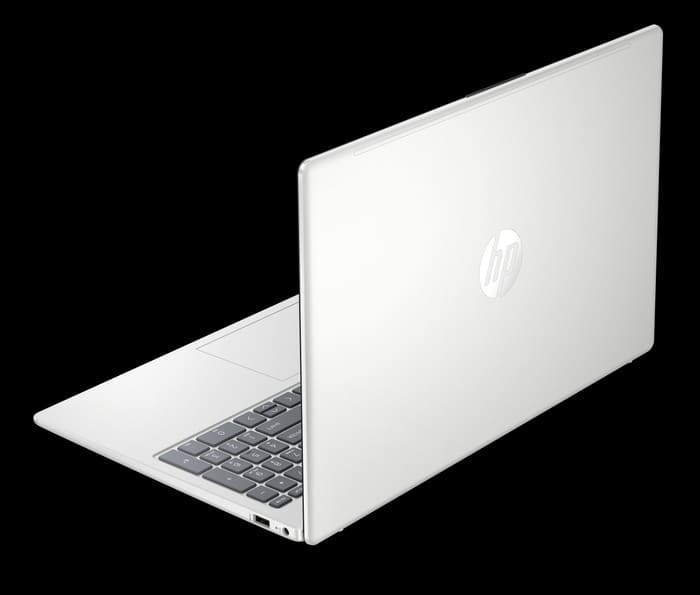 HP 15-inch laptop (15-fd0000 series) in Natural Silver, rear-left view