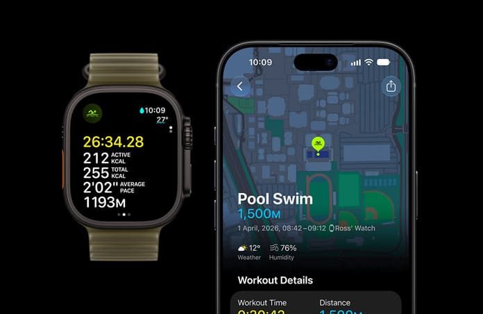 Apple Watch Ultra 4 on a swimmer's wrist during a swim