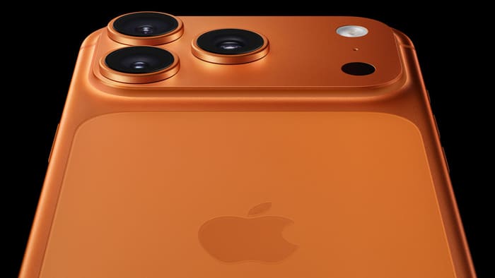 Apple iPhone 17 Pro camera module close-up in Cosmic Orange